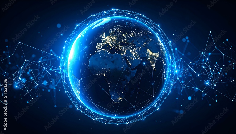 Aufkleber glowing digital earth, global network connection, futuristic technology concept. image of planet ear