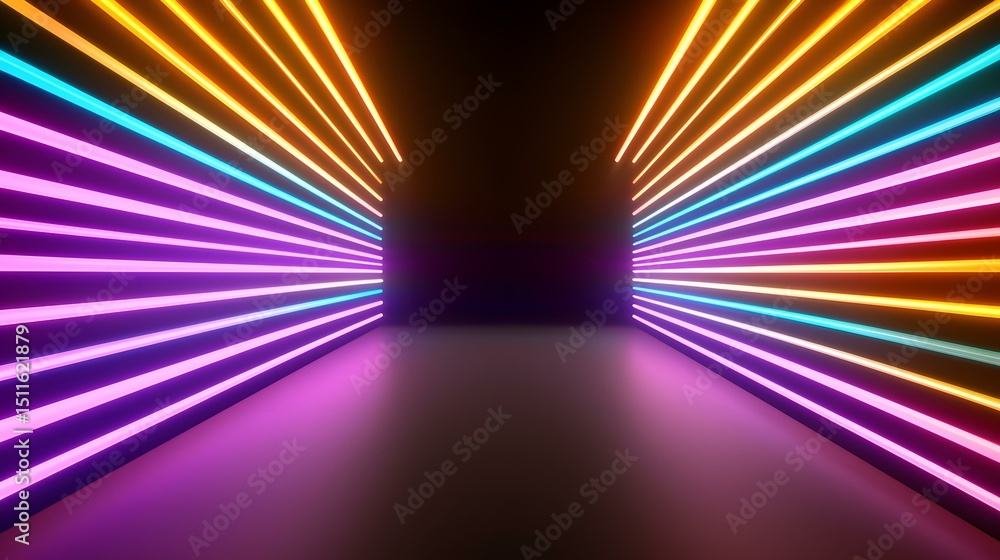 Poster the image contains a dark room with walls lined with bright neon lights in various colors, creating 