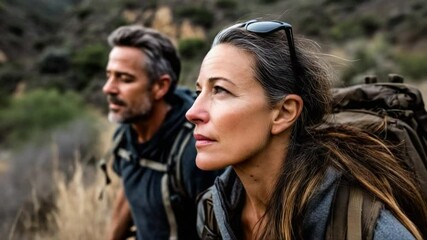 Couple Hiking Trail: A middle-aged couple on a scenic hike, backpacks on, gazing intently at the distant landscape, showcasing determination and companionship. - Powered by Adobe