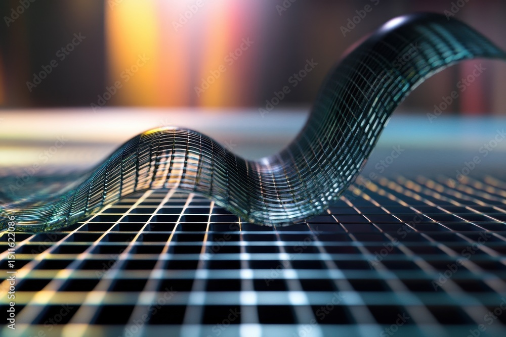 Poster waveform on a grid surface represents motion and flow in a captivating visual display, waveform on g