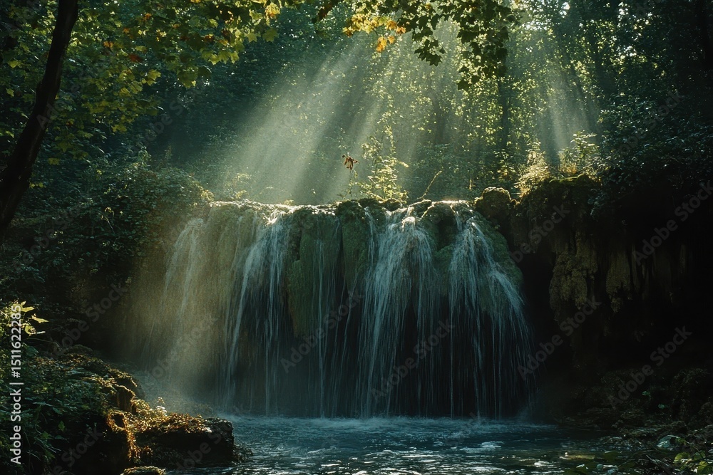 Aufkleber waterfall cascading through the enchanted forest with sunlight filtering through the trees, waterfal