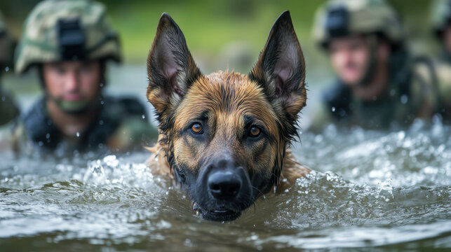 German Shepherd swims through water with soldiers in the background. The soldiers wear camouflage uniforms and helmets. The scene captures teamwork and training.