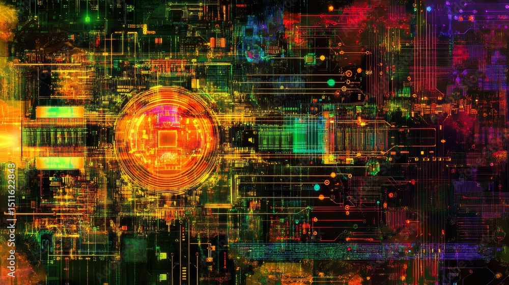 Poster futuristic cyberpunk style abstract circuit board with glowing neon lines and digital connections in