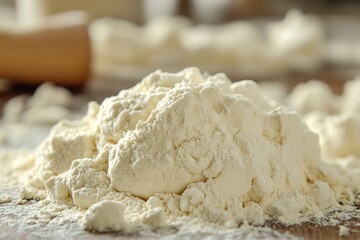 Preparation of flour for cake dough with focus on texture and quality in a kitchen setting, Photo of flour for cake dough