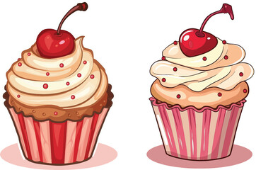 Cupcakes Vector Illustration with Cherries on Top.