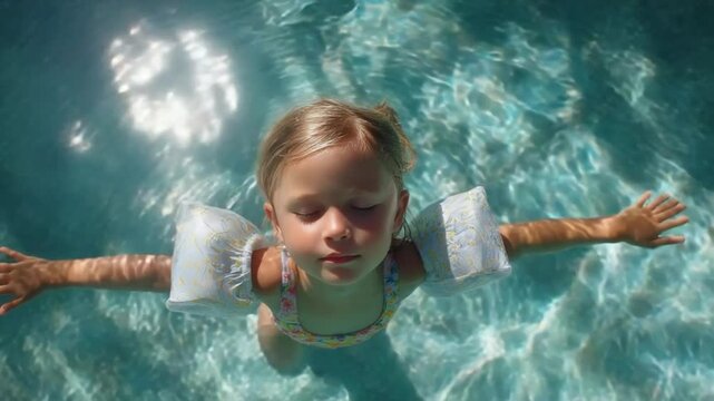 Underwater Serenity: A young child with eyes closed, wearing arm floats, floats serenely beneath the surface of a crystal clear pool, capturing a moment of tranquility.