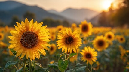 Obraz premium Sunflower Field at Sunset: A vibrant field of sunflowers basks in the warm glow of the setting sun, mountains in the background. Nature's beauty on display.