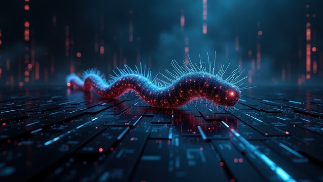 Zero-day attack visualization showing a digital worm navigating through a data landscape with glowing elements and dark background