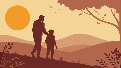 Father and Son Silhouette: Sunset Walk, Family Bonding, Nature Landscape Illustration