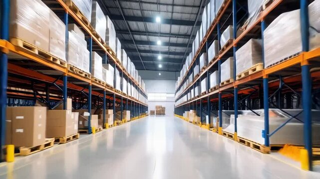 Inside a bright warehouse filled with packed cardboard boxes and wrapped goods on tall metal shelves, creating a logistics scene.