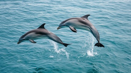 Fototapeta premium Dolphins jumping in unison pristine marine environment wildlife photography ocean view synchronization concept