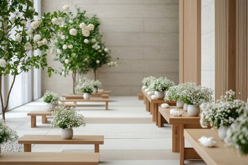 Fototapeta premium Ecochic wedding setup with minimalist floral arrangements indoor venue event design serene environment aesthetic viewpoint