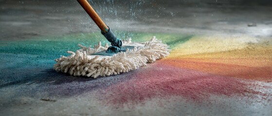 Microfiber mop head with dynamic water crystallization on industrial concrete floor, perfect for cleaning product ads, janitorial service branding, and pH analytics campaigns.
