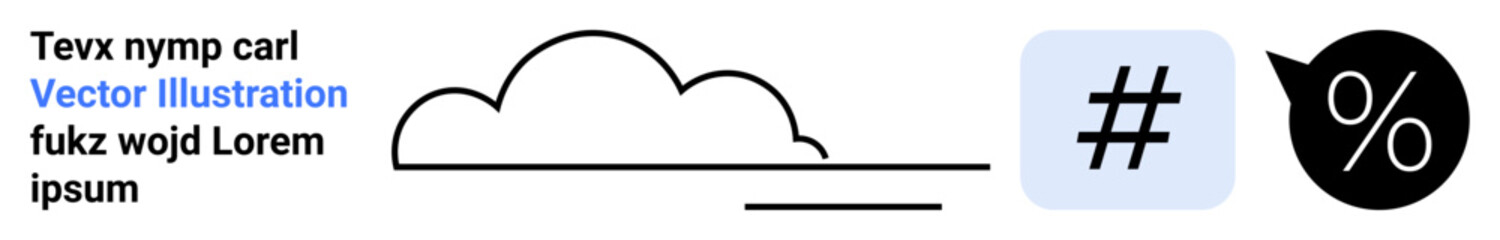 Cloud with three lines, metadata tag in rounded square, percentage symbol in chat bubble. Ideal for technology, data, communication, analytics, social media, cloud services simple landing page