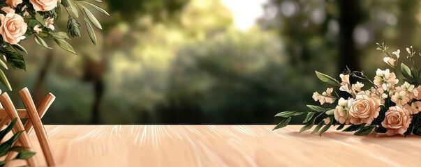 Handdrawn ecoconscious wedding setup outdoor venue floral decor natural environment intimate perspective soft floral theme