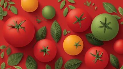 2D flat design of tomatoes on solid red background, ripe vegetables, healthy ingredients, simple vector art