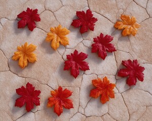 Autumn maple leaves in red and orange on stone background.