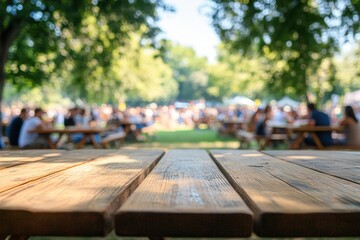 Bokeh Crowd. Festival Abstract Blurred Background with Empty Wooden Table for Product Display