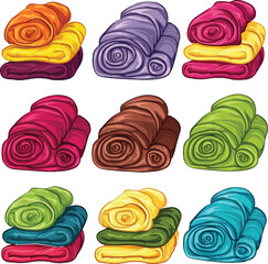 Rolled Towels Vector Illustration, Colorful Laundry Pile.