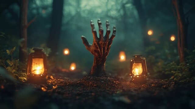 Decaying zombie hand rising from forest ground, casting sinister shadows under dim lantern light, evoking haunting halloween nightmare atmosphere with supernatural dread