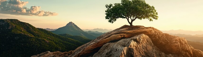 Fototapeta premium Solitary tree stands atop a rocky mountain peak.