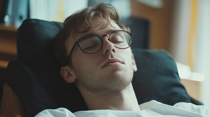 Breathe Office. Calm 30s Caucasian businessman asleep in chair, taking a nap in comfortable home office