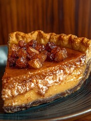 Delicious butterscotch pie slice with caramelized sugar topping.