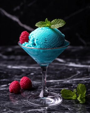 Blue raspberry ice cream in a martini glass.