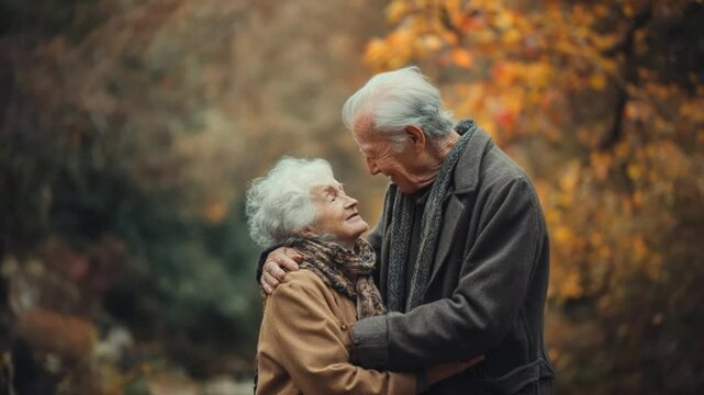Timeless Embrace in Autumn: An elderly couple shares a tender moment in an autumn setting, symbolizing the enduring power of love and companionship through the seasons of life.