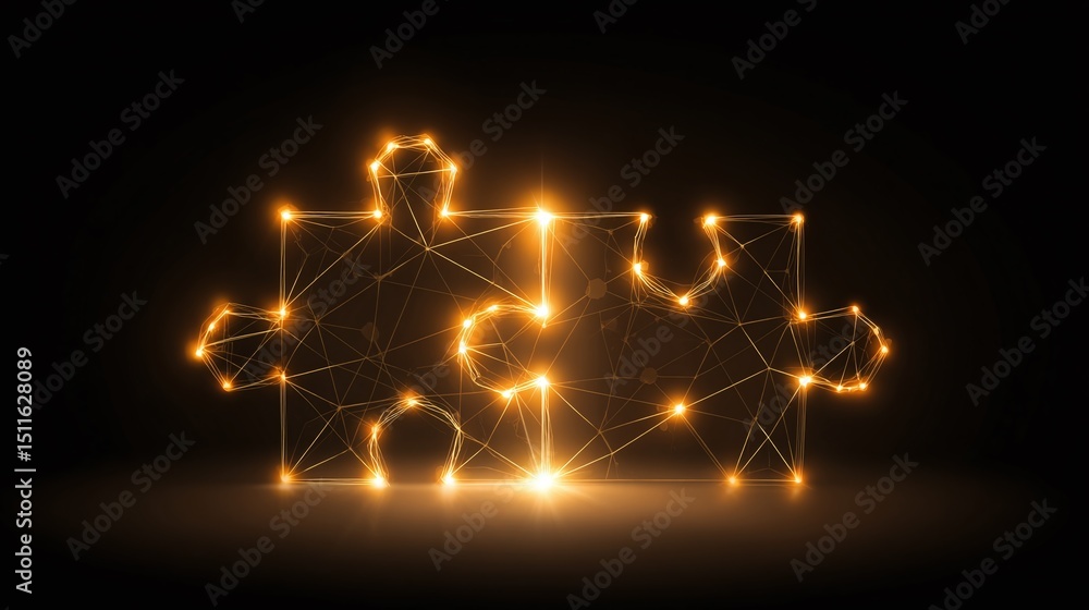 Poster connected puzzle pieces: glowing representation of interconnected puzzle pieces forming a digital ne