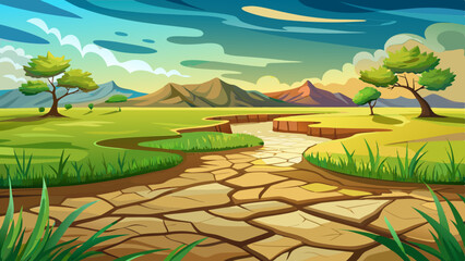 Parched earth meeting verdant grass, revealing stark agricultural landscape suffering from prolonged water scarcity beneath gloomy sky