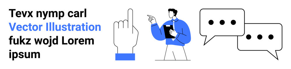 Businessman holding a clipboard, presenting with a pointing gesture, followed by a hand icon and speech bubbles. Ideal for communication, teamwork, user interface, education, business consulting