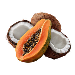 Fresh coconut and juicy papaya with tropical flair – food photography PNG isolated on transparent background
