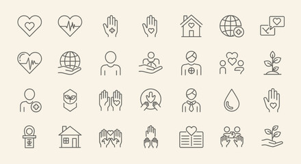 Charity icons, set of line icons, icon sheet. Editable strokes