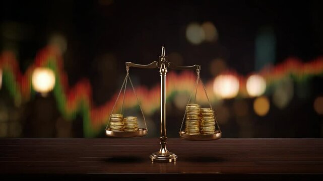 Balance of Wealth: The elegant gold balance scale holds a stack of coin, financial stability and strategic monetary equilibrium against blurred trading charts.