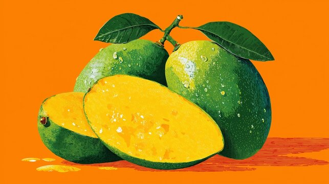 Clean 2D flat art of mango slices on orange background, tropical fruit, juicy and sweet, minimalist vector