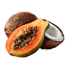 Fresh coconut and juicy papaya with tropical flair – food photography PNG isolated on transparent background
