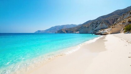 Obraz premium Sun-drenched white sand beach in Greece, crystal-clear turquoise water lapping gently on the shore Iconic Cycladic landscape, perfect summer holiday backdrop , ocean, idyllic, bright