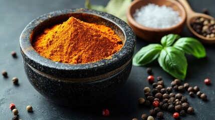 Dark stone bowl of turmeric powder, surrounded by spices and herbs on a dark surface