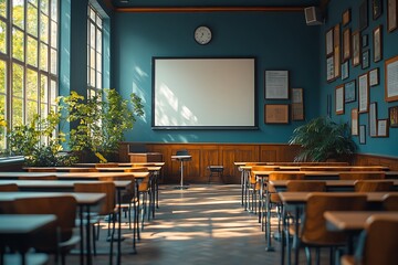 Classroom mockup with wooden desks large windows and green plants

