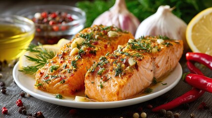 Grilled salmon fillets with garlic and herbs, served on a white plate. A colorful, tasty, and healthy seafood dish.