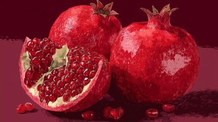 Clean 2D flat art of pomegranate halves on solid burgundy background, red fruit, healthy superfood