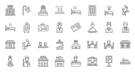 Hotel and Accomodation icons, set of line icons, icon sheet. Editable strokes