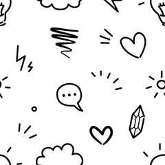 Seamless pattern with clouds, lightning bolts, chat bubbles and speech lines in minimal black doodle style

