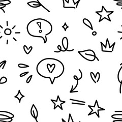Seamless pattern with hearts, stars, sparkles, drops and cute sketch elements in black and white doodle style

