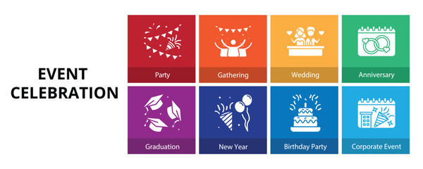 Event Celebration Glyph Solid Banner Web Icon Set Vector Illustration, Party Gathering Wedding Anniversary Graduation New Year Birthday Party Corporate Event