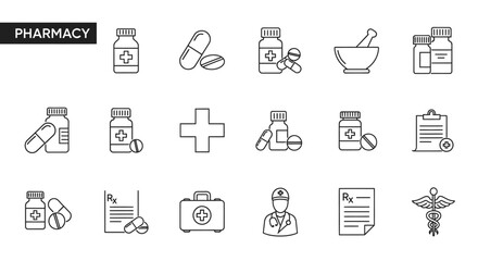 Fototapeta premium Pharmacy icons, set of line icons, icon sheet
