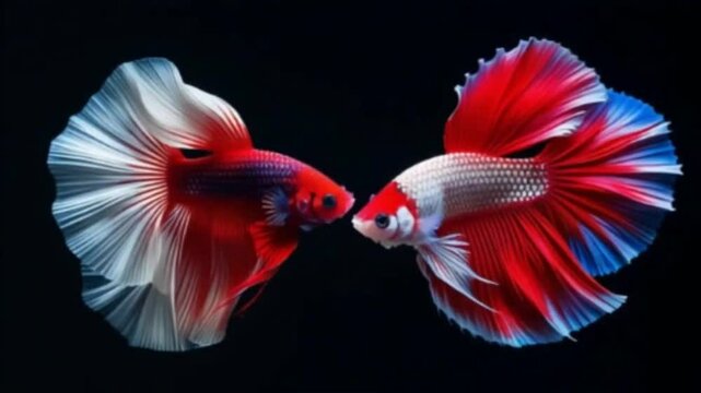 Betta fish fighter fish display an intense mirrored confrontation with striking red, white, and blue fin patterns. Their aggressive stance and elegant fins highlight their vivid aquatic beauty.