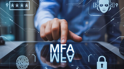 MFA Technology – Multi-Factor Authentication Chip on a Futuristic Blue Circuit Board, cloud computing concept, cloud technology, Saas, Paas, Iaas. AWS Service, OTP security, secure login	