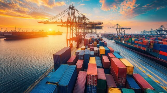 California Port. Cargo Operations on Container Ship in Long Beach Harbor